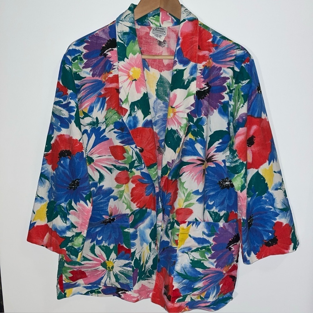 Vintage Remo Classics California Open Blazer Floral Size M ~USA made 100% Cotton